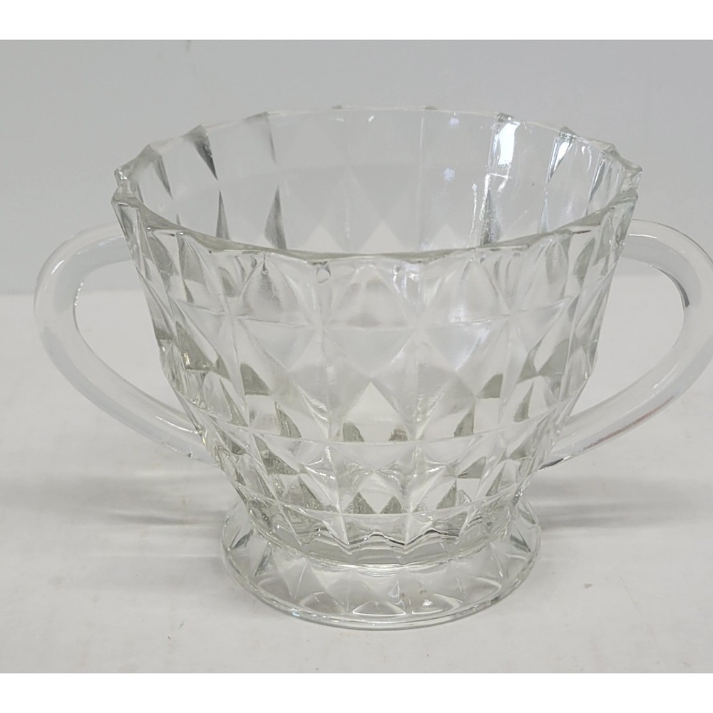 Vintage Clear‎ Diamond Point Pressed Glass Footed Sugar Bowl with Handles